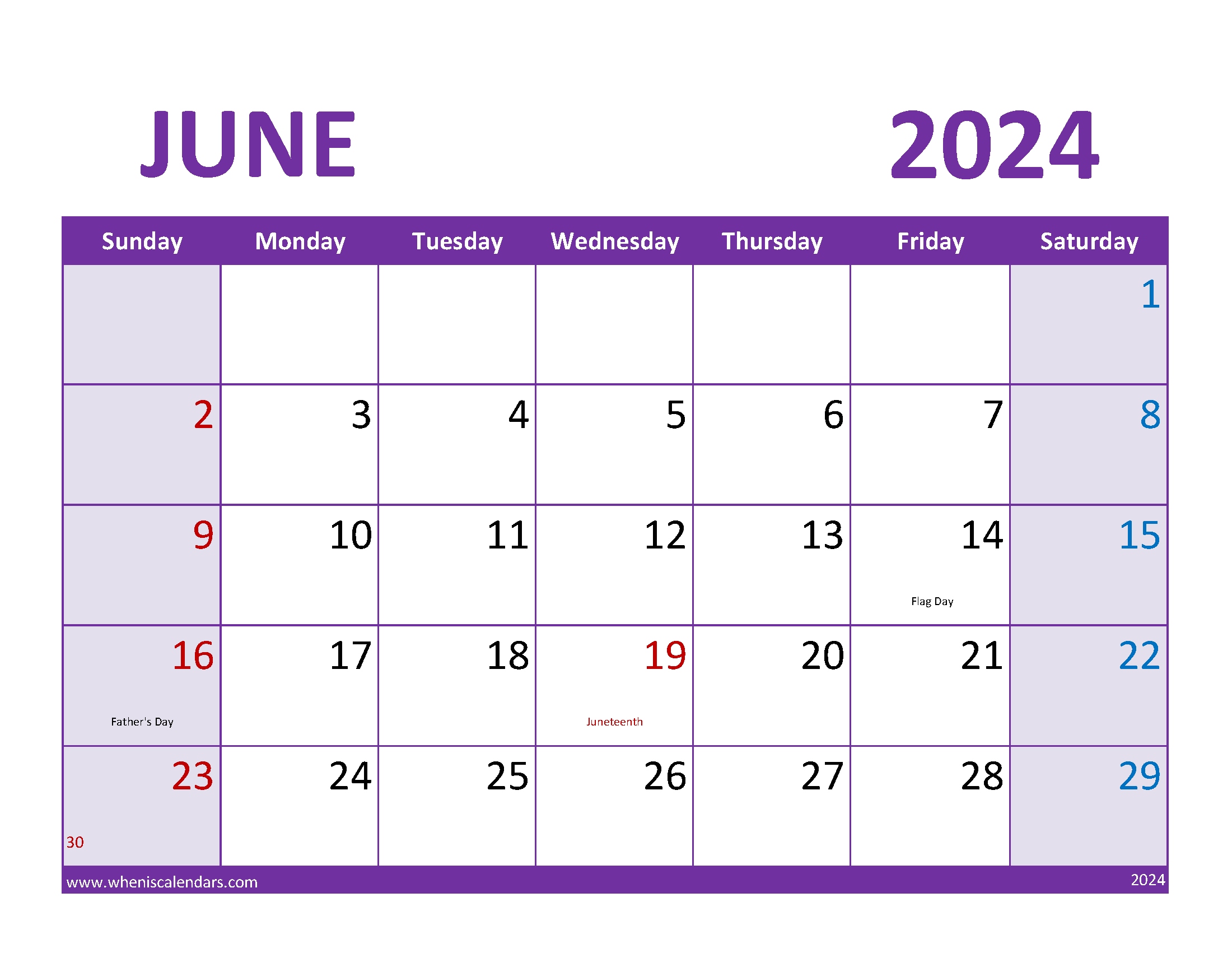 month of June 2024 Calendar Printable Monthly Calendar