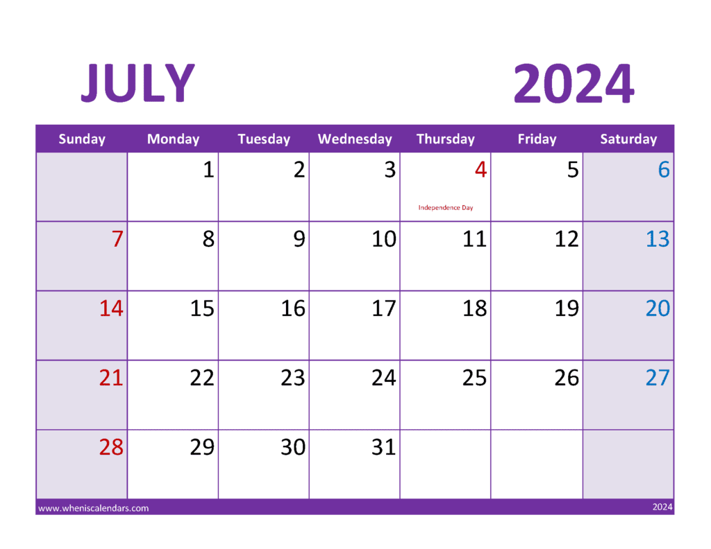 Download month of July 2024 Calendar Printable Letter Horizontal J74364
