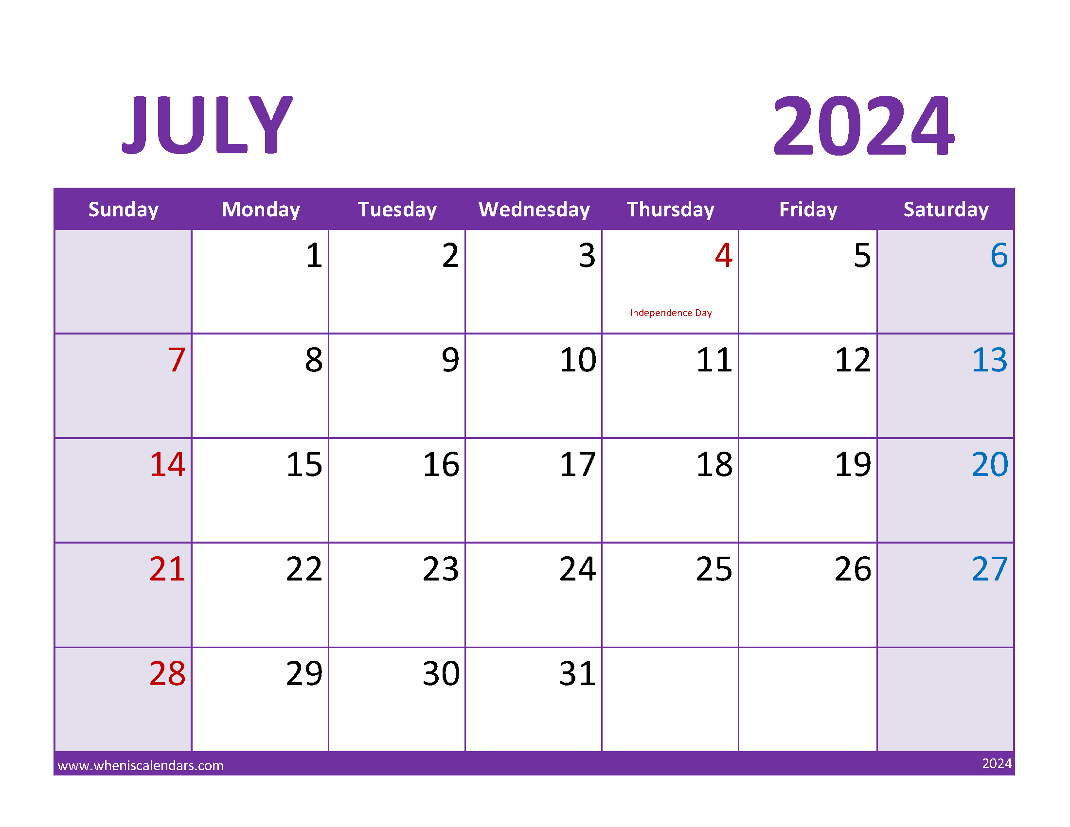 month of July 2024 Calendar Printable Monthly Calendar