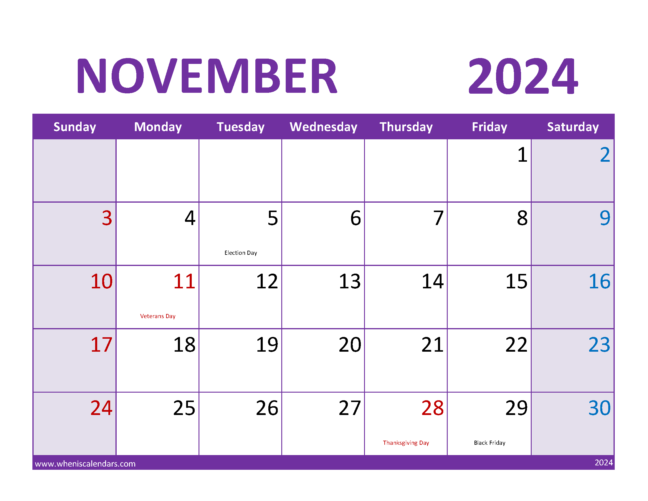 month of November 2024 Calendar Printable Monthly Calendar