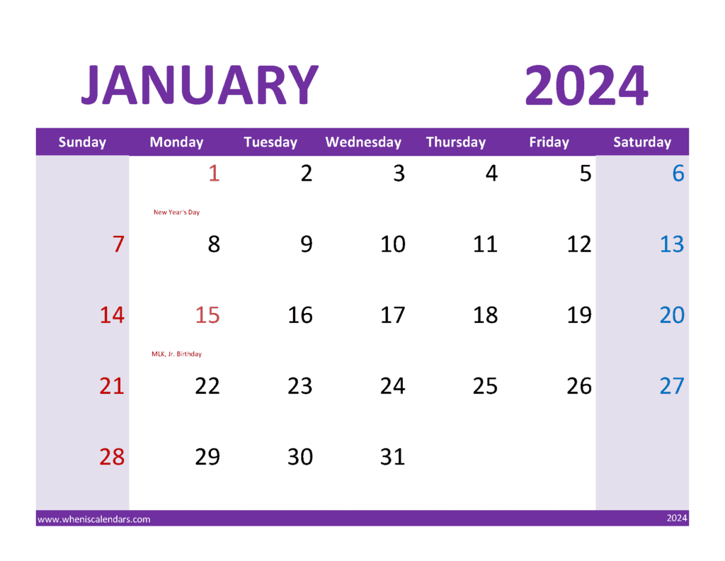 print January 2024 Calendar Free Monthly Calendar