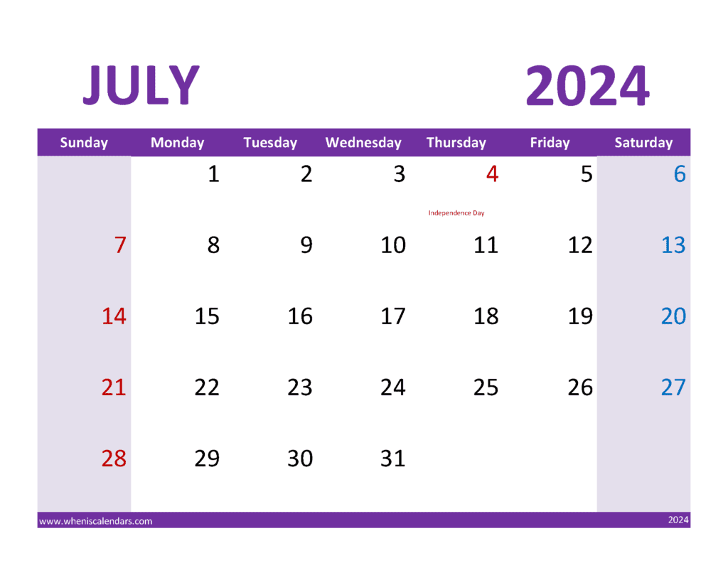 Download July 2024 Calendar Printable with lines Letter Horizontal J74365