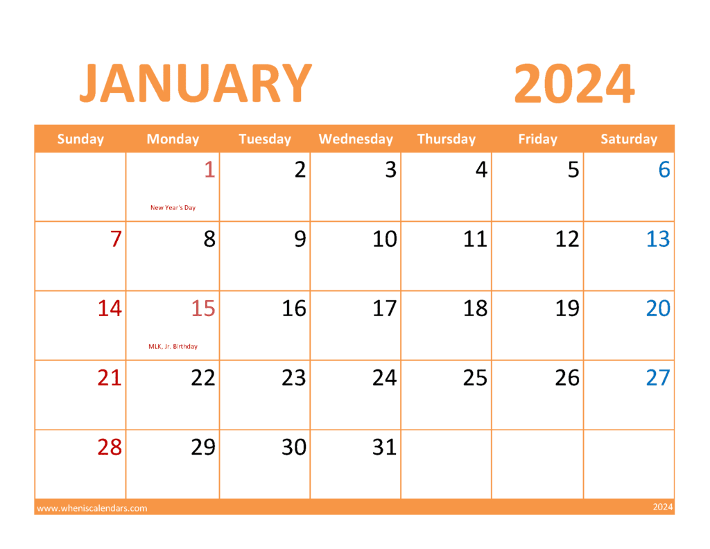 January editable Calendar 2024 Monthly Calendar