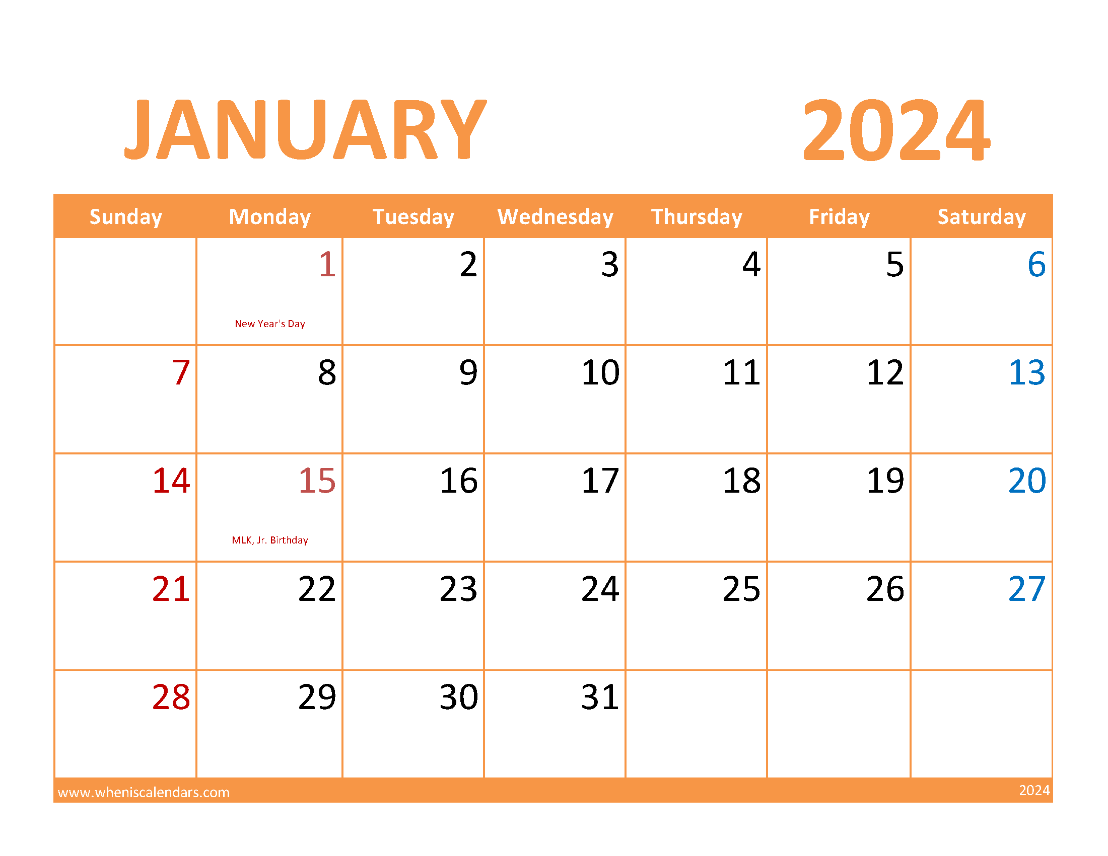 January Blank Calendar 2024 Printable Monthly Calendar