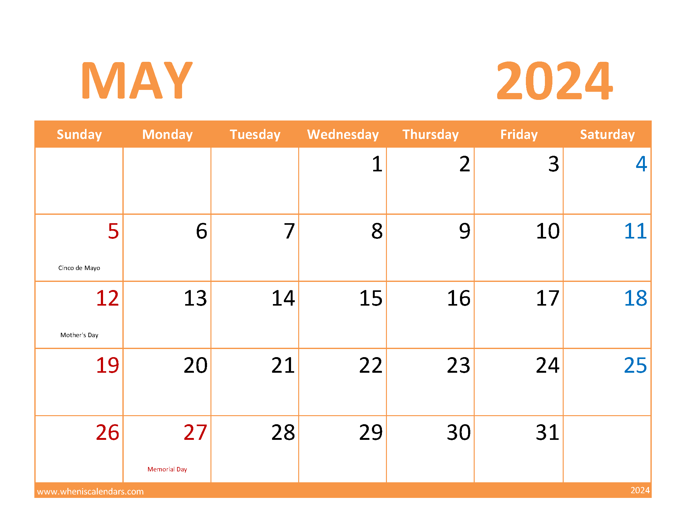 May Blank Calendar 2024 Printable Monthly Calendar