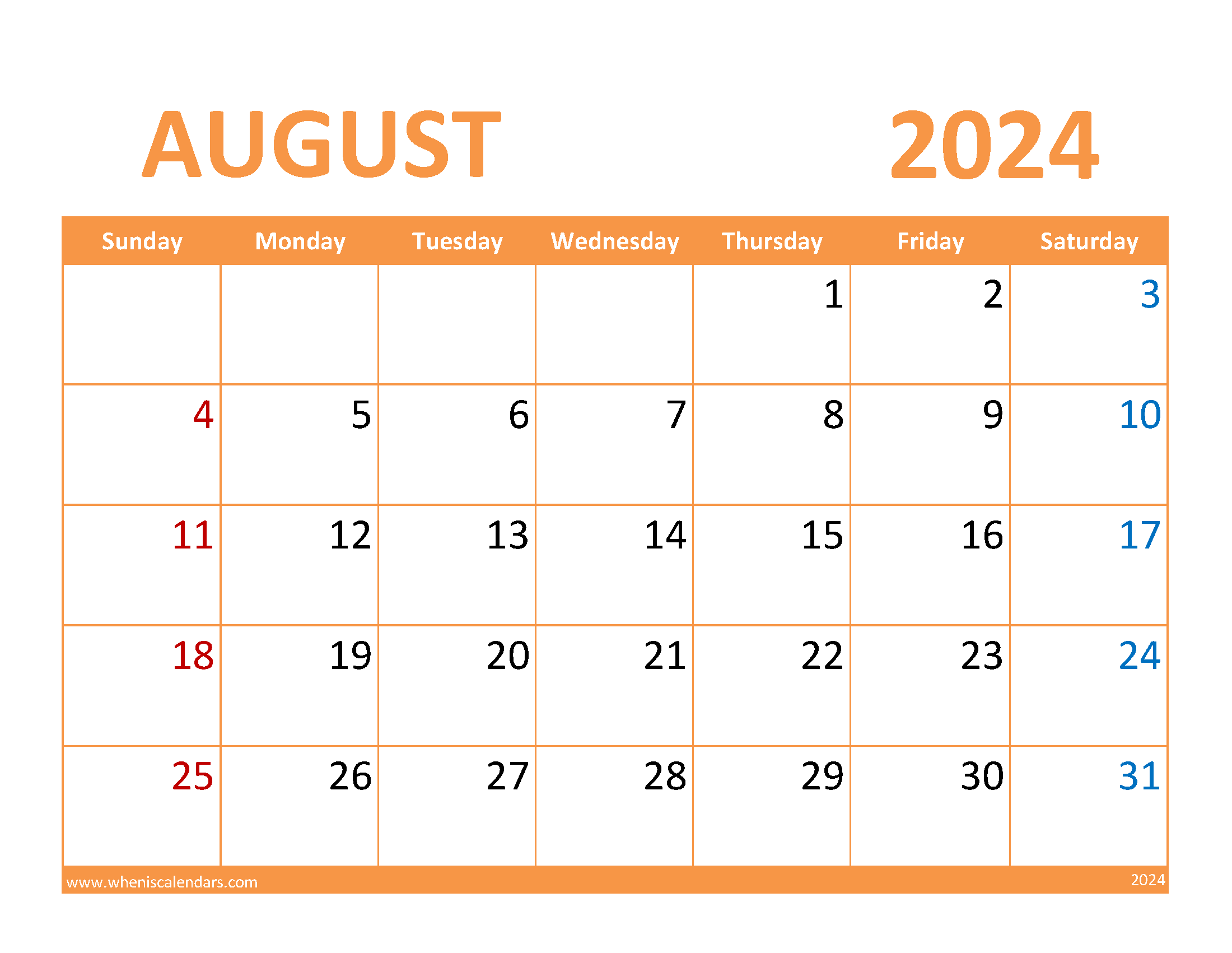 August Blank Calendar 2024 Printable Monthly Calendar