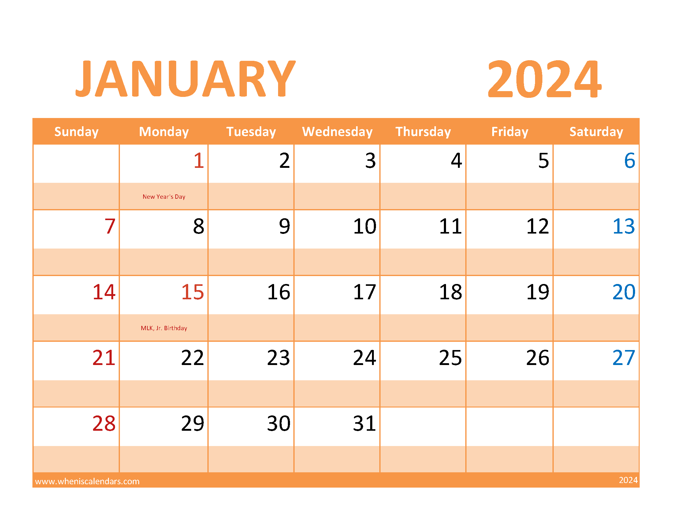 Printable Calendar page for January 2024 Monthly Calendar
