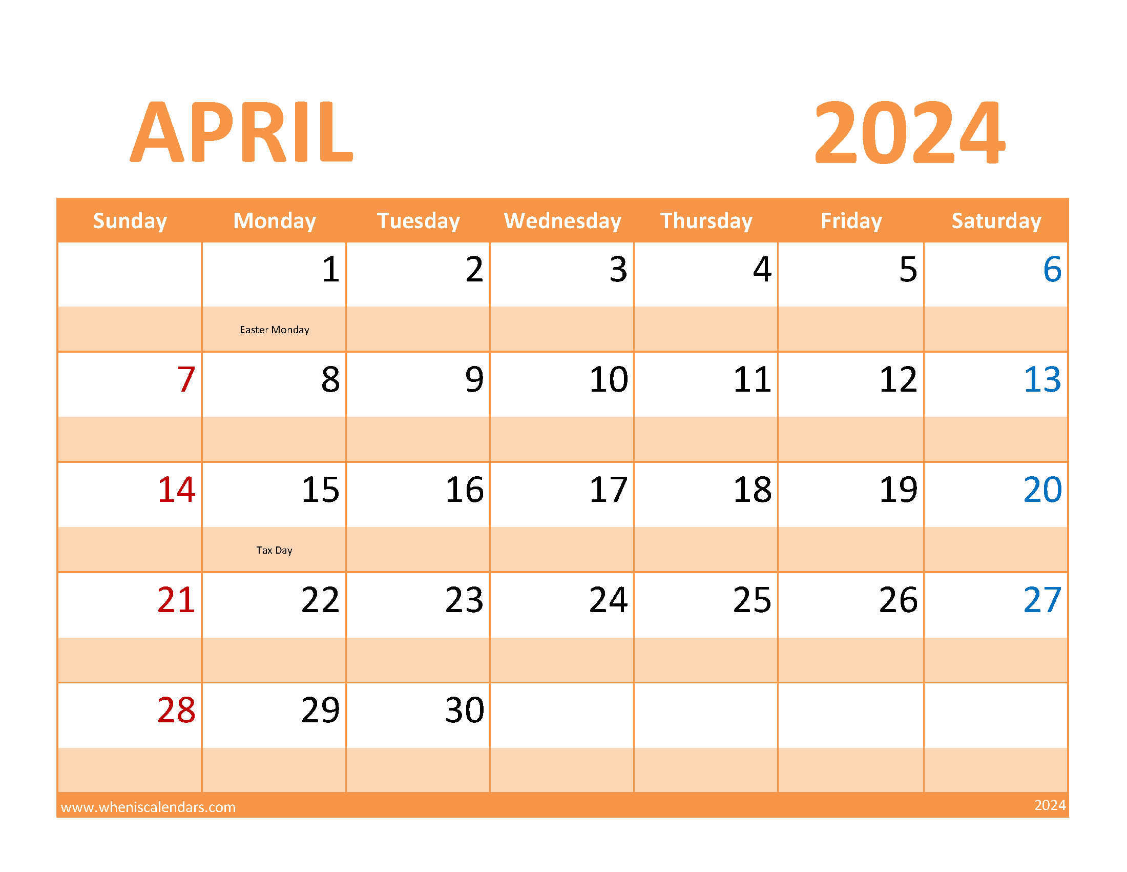 Printable Calendar page for April 2024 Monthly Calendar