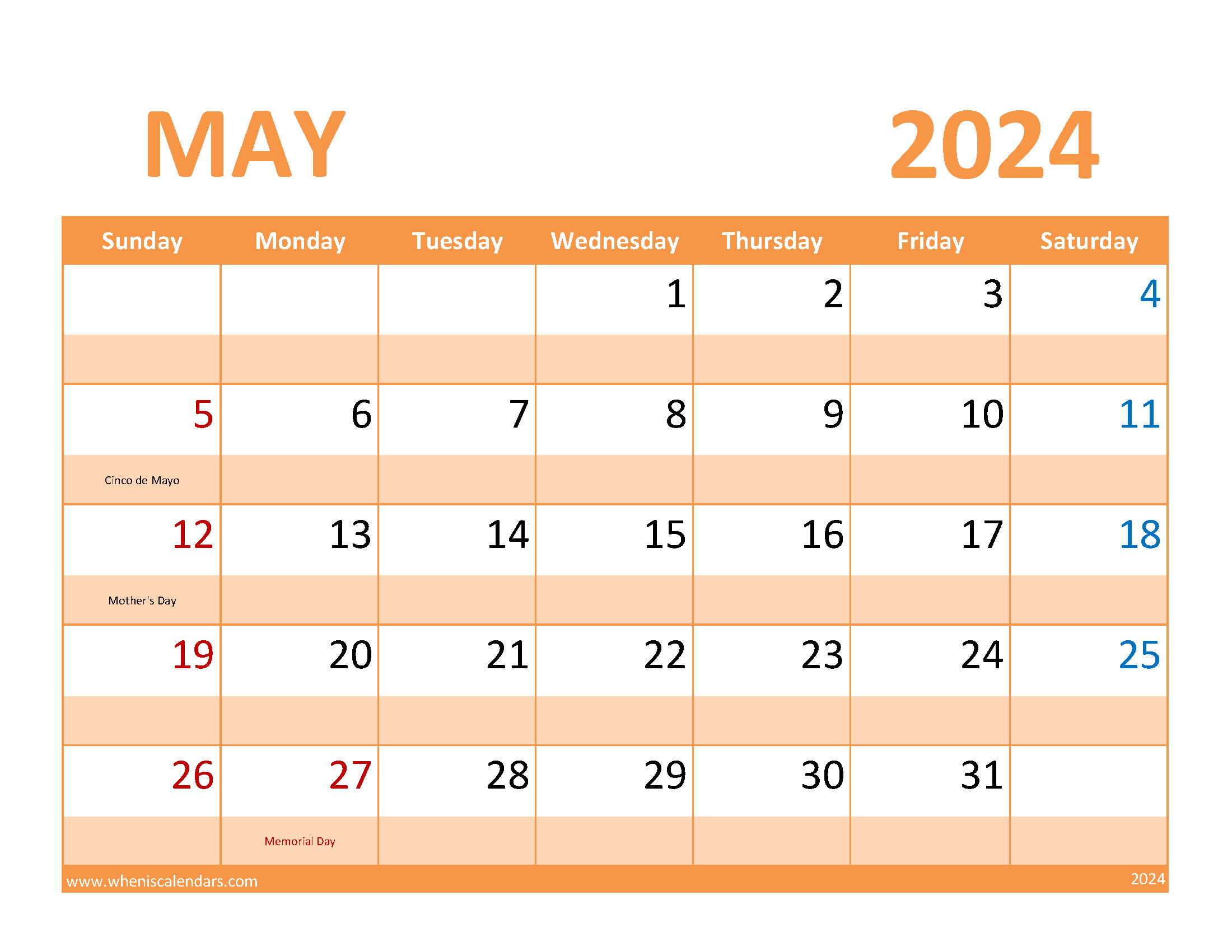 Printable Calendar page for May 2024 Monthly Calendar