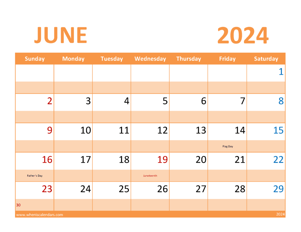 Download Printable Calendar page for June 2024 Letter Horizontal J64367