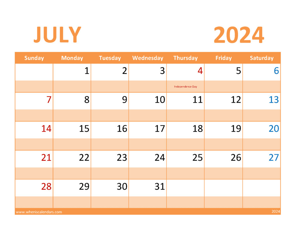 Download Printable Calendar page for July 2024 Letter Horizontal J74367