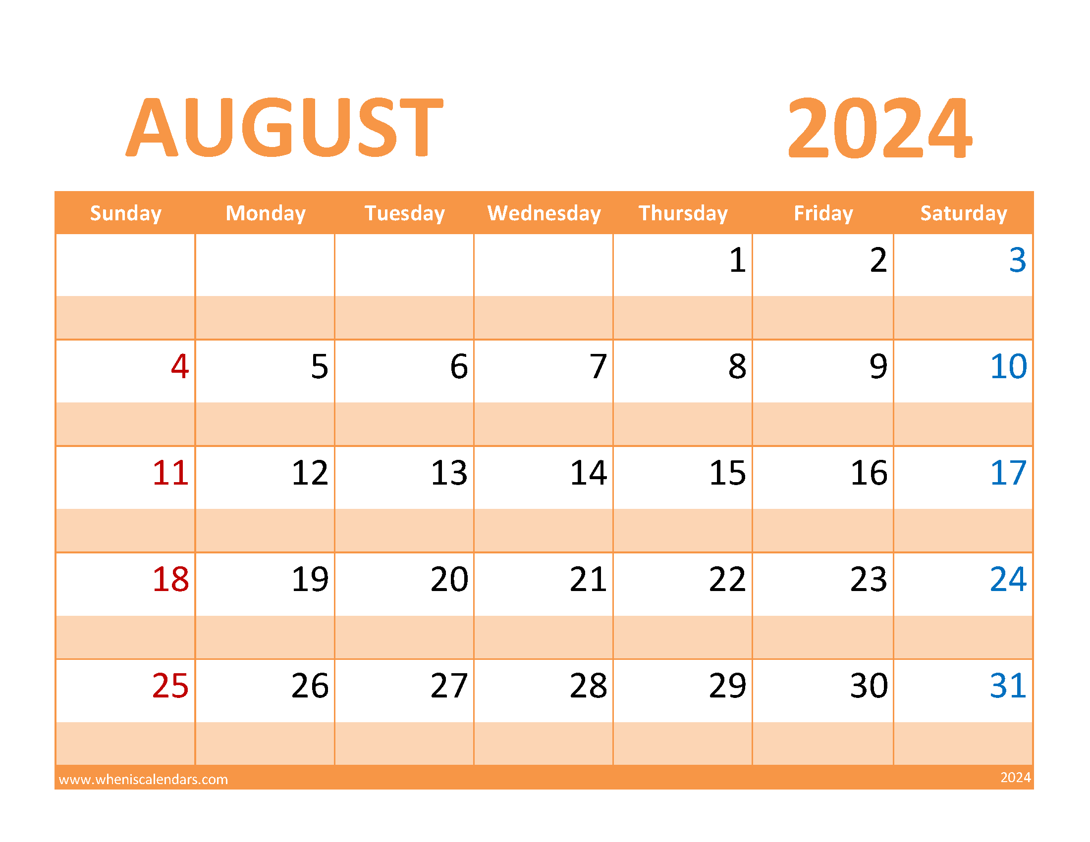 Printable Calendar page for August 2024 Monthly Calendar
