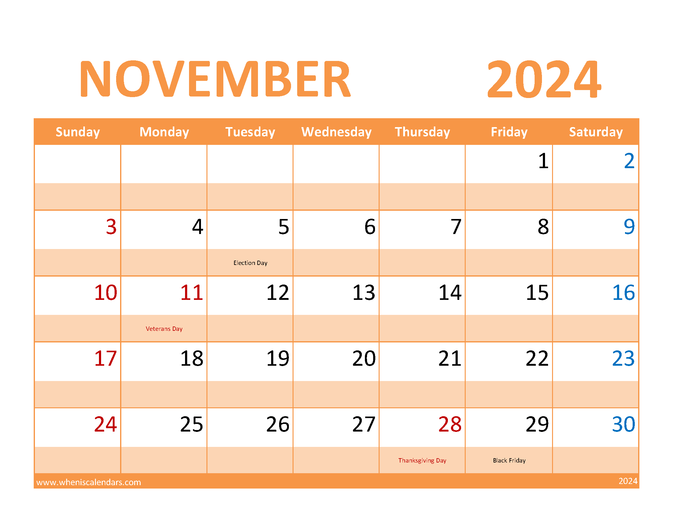 Printable Calendar page for November 2024 Monthly Calendar