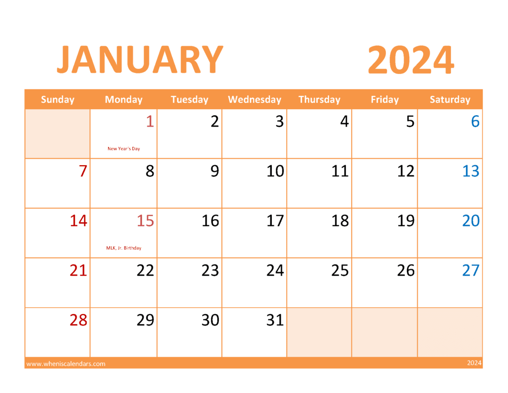 Printable January monthly Calendar 2024 Monthly Calendar