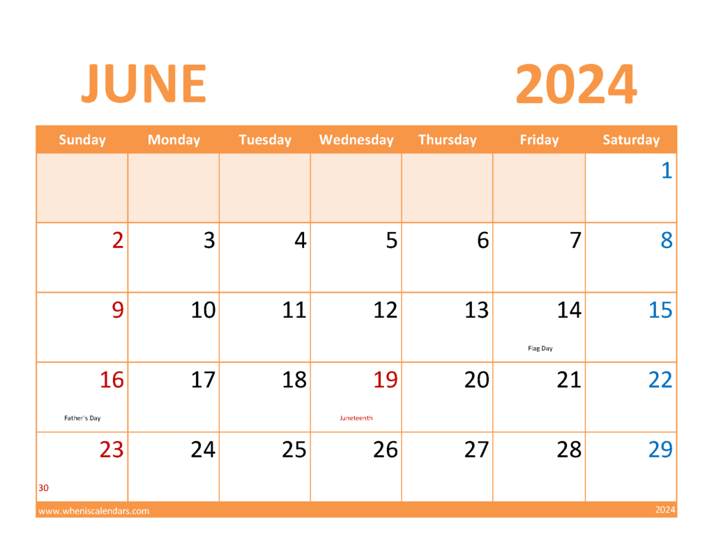 Download Printable June monthly Calendar 2024 Letter Horizontal J64368
