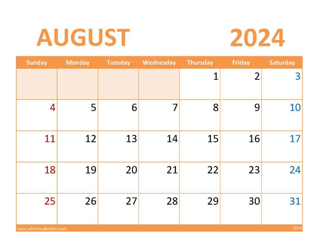 Printable August monthly Calendar 2024 Monthly Calendar