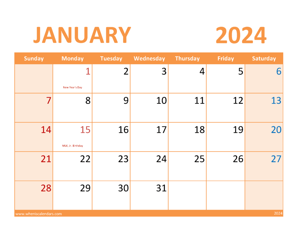 2024 Blank January Calendar to print Monthly Calendar