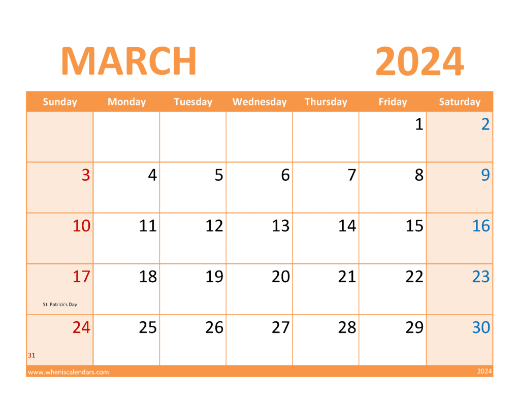 March 2024 Blank Printable Calendar Monthly Calendar