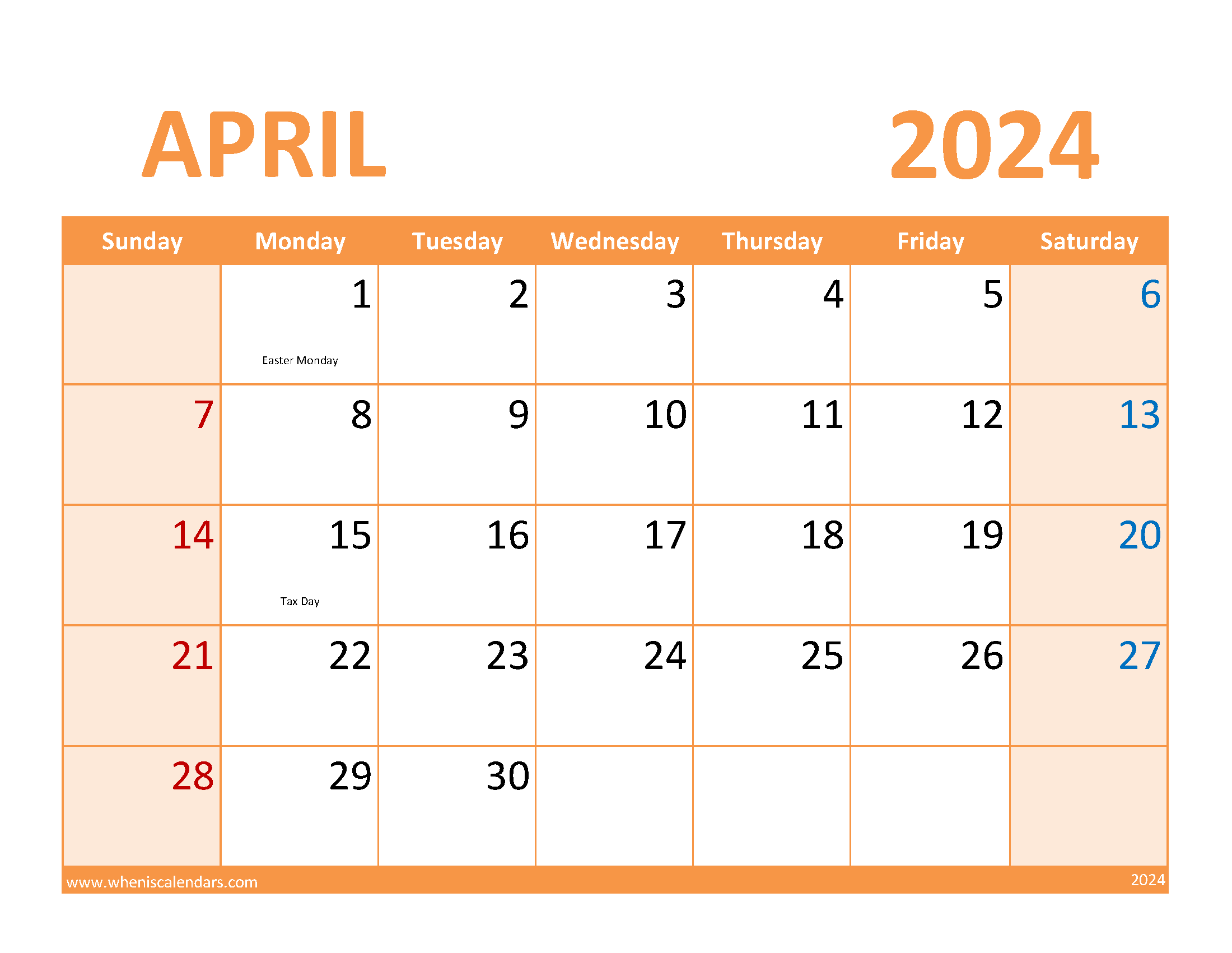 2024 Blank April Calendar to print Monthly Calendar