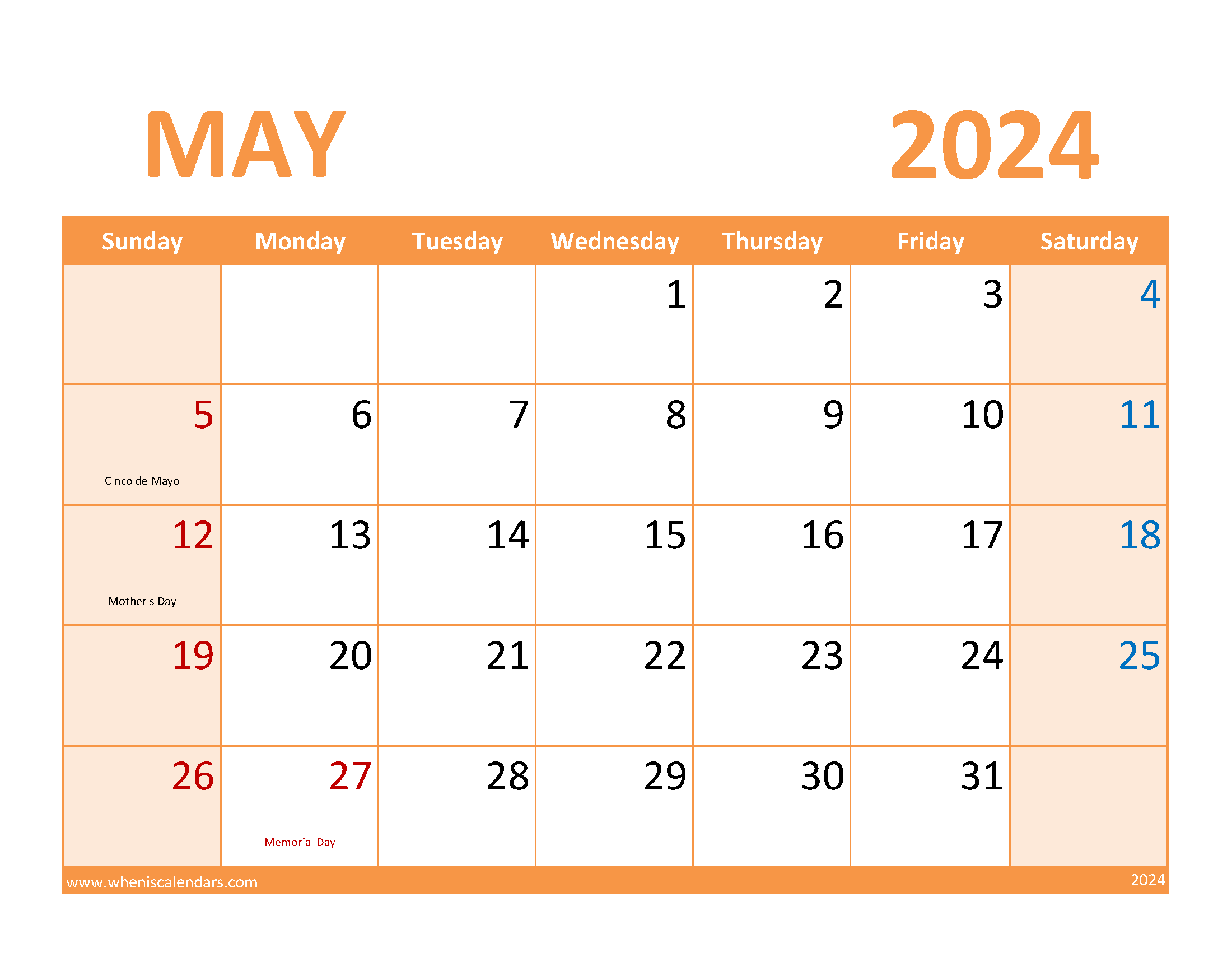 2024 Blank May Calendar to print Monthly Calendar