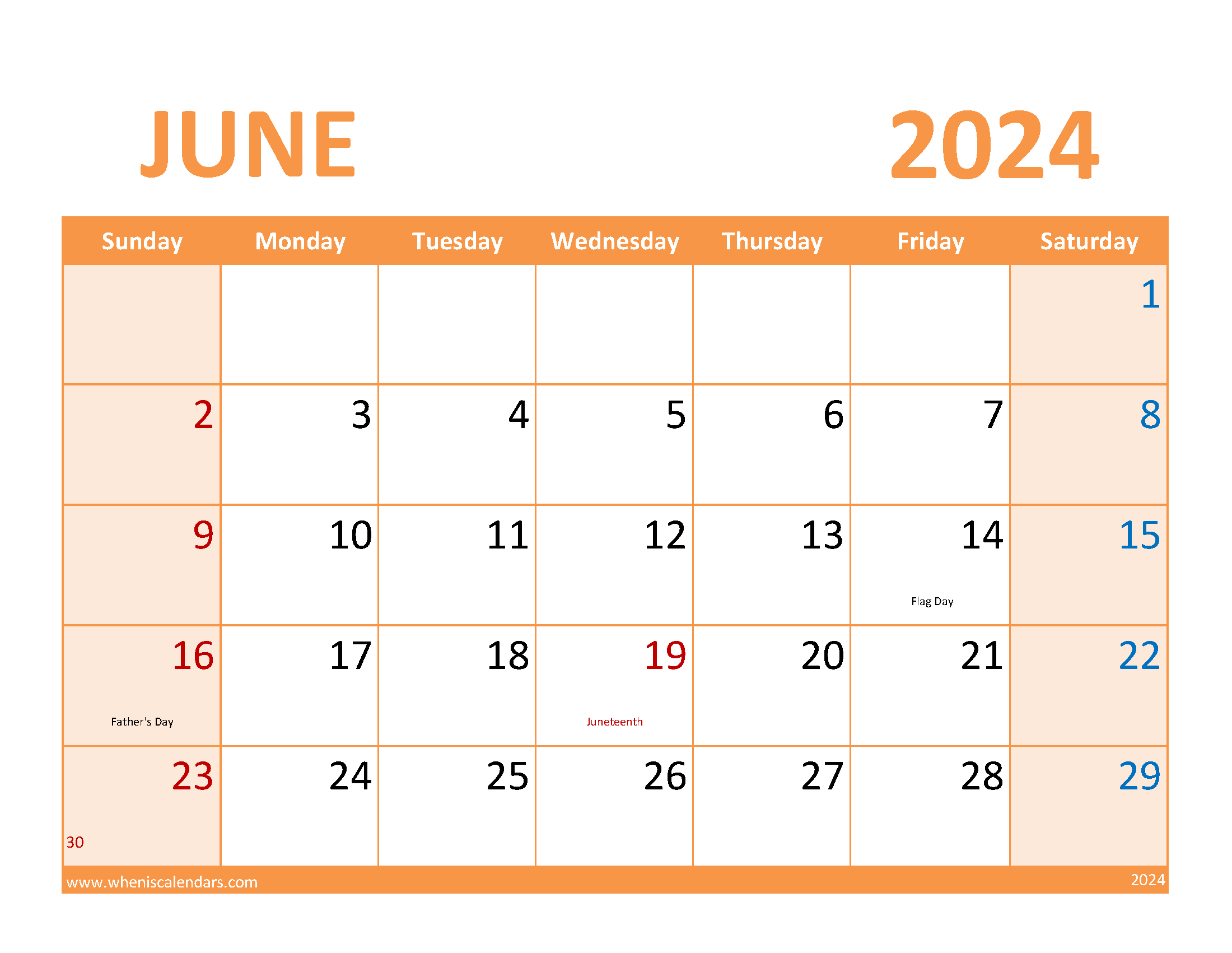 2024 Blank June Calendar to print Monthly Calendar