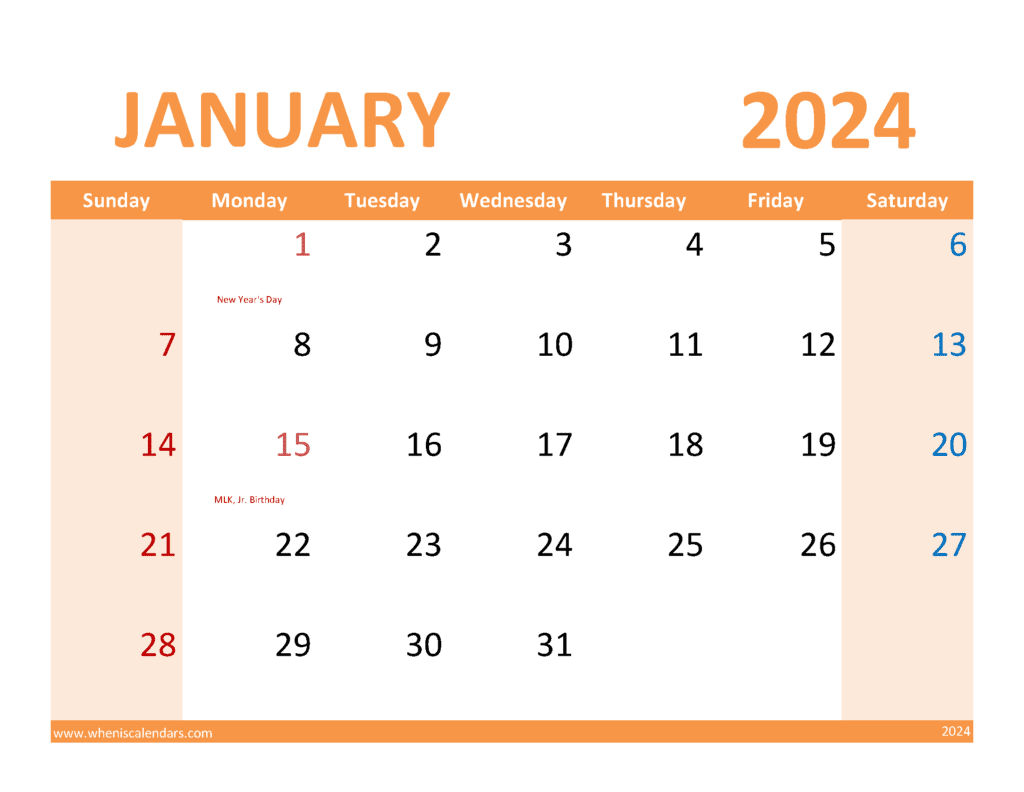 2024 January schedule Template Monthly Calendar