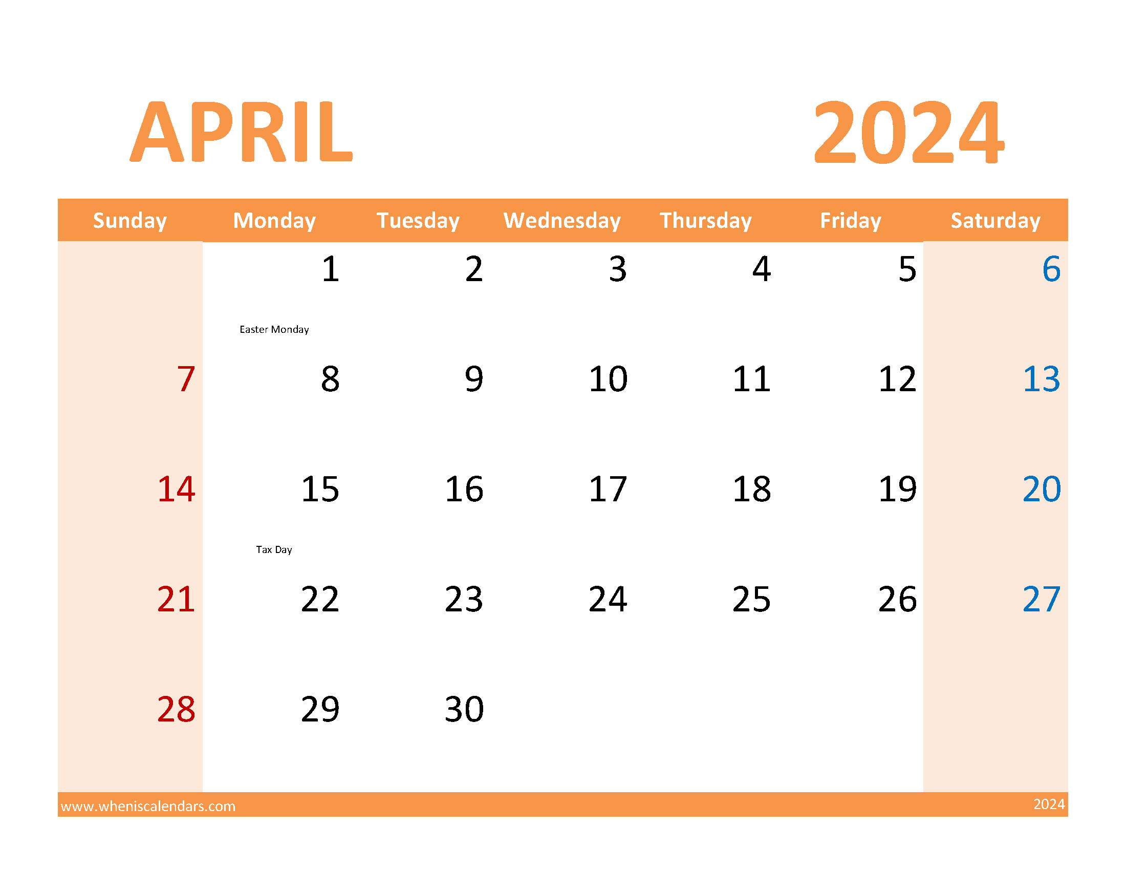 2024 April schedule Template Monthly Calendar