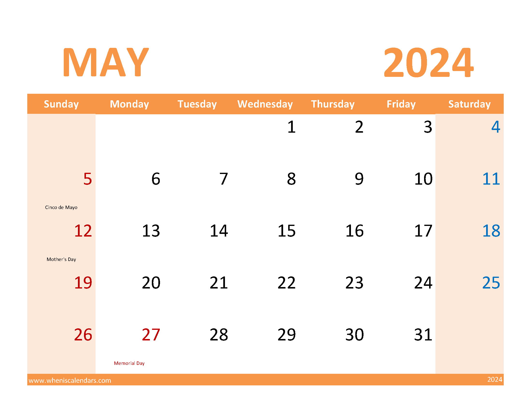 2024 May schedule Template Monthly Calendar
