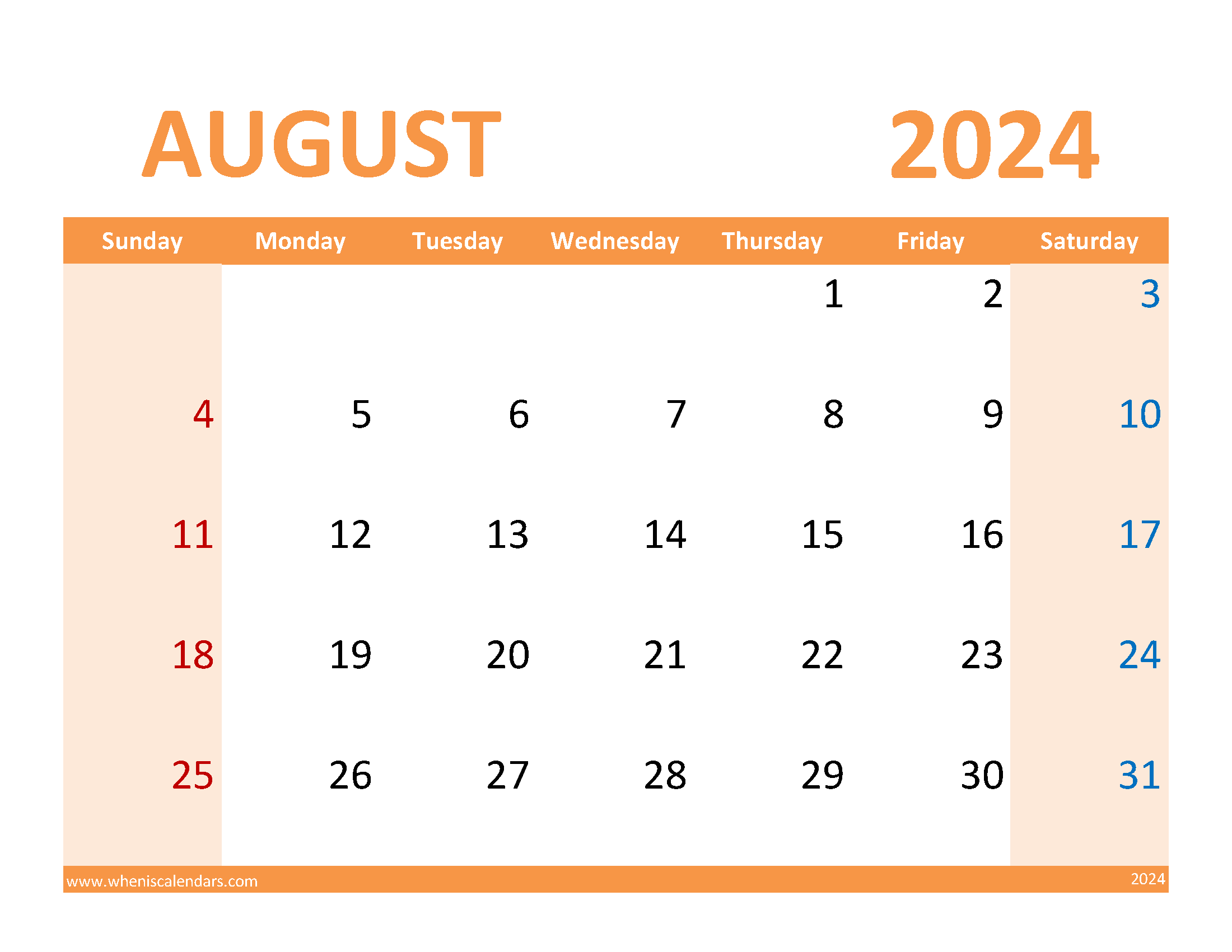 2024 August schedule Template Monthly Calendar