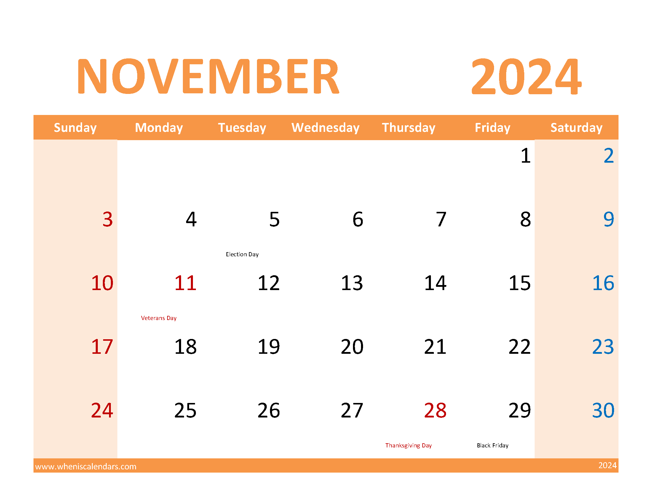 2024 November schedule Template Monthly Calendar