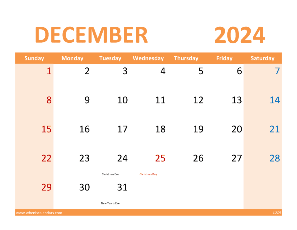Download free December Calendar 2024 with Holidays printable A4 in Vertical Portrait