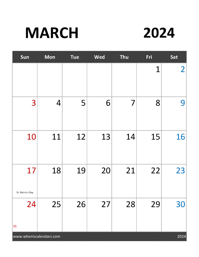 March 2024 Holidays Calendar Monthly Calendar