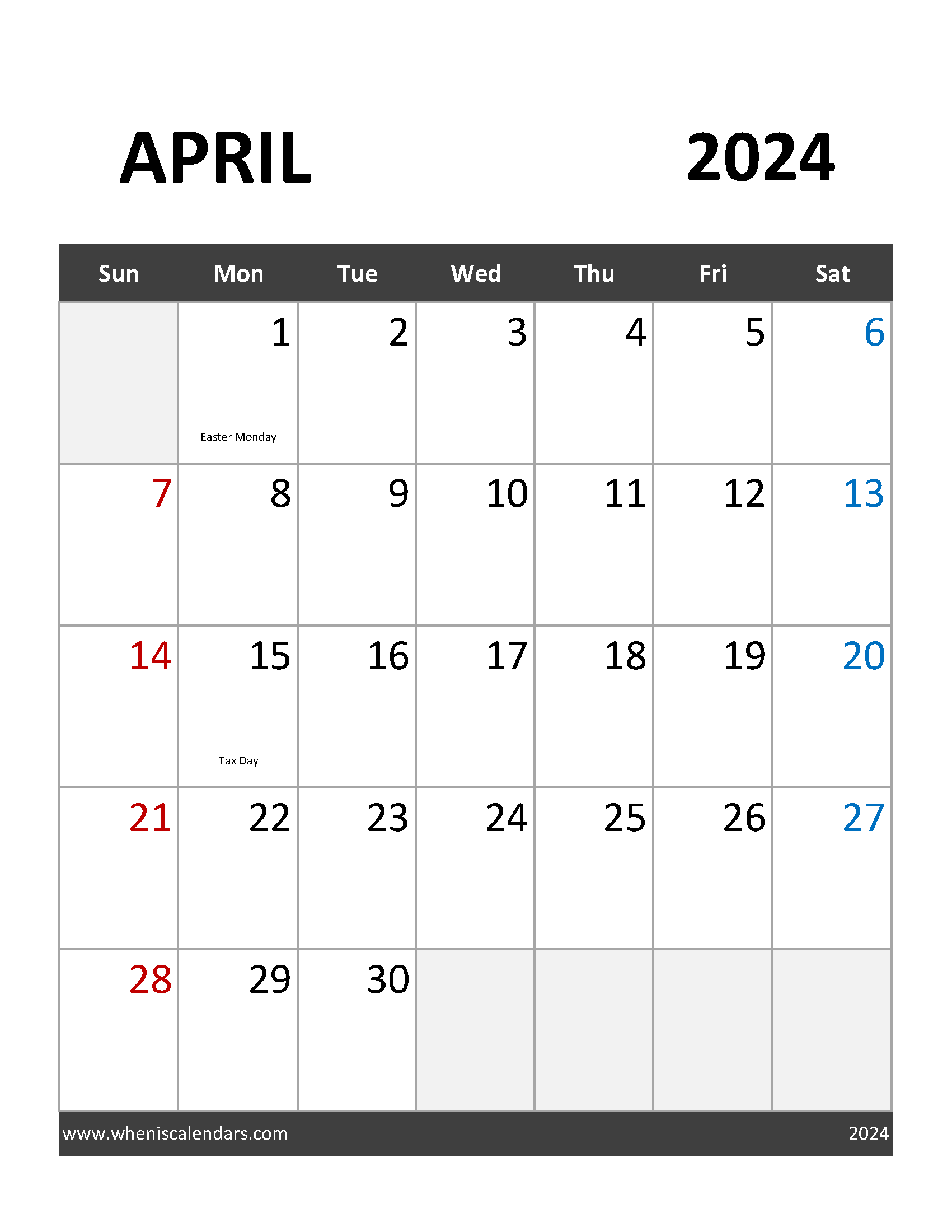Printable Calendar Template April 2024 Monthly Calendar
