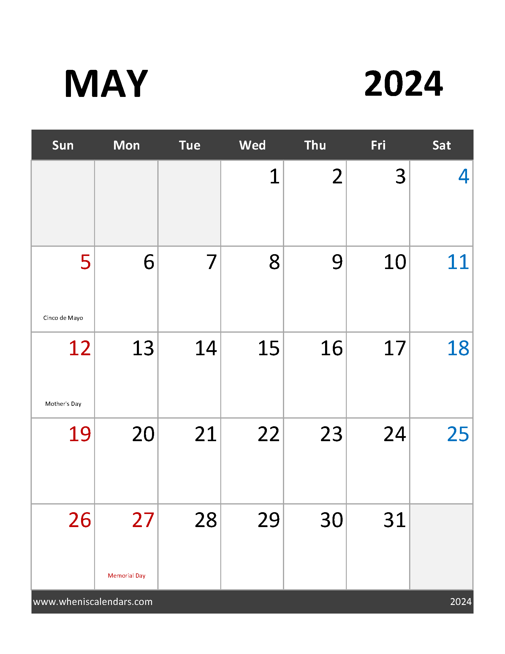Printable Calendar Template May 2024 Monthly Calendar