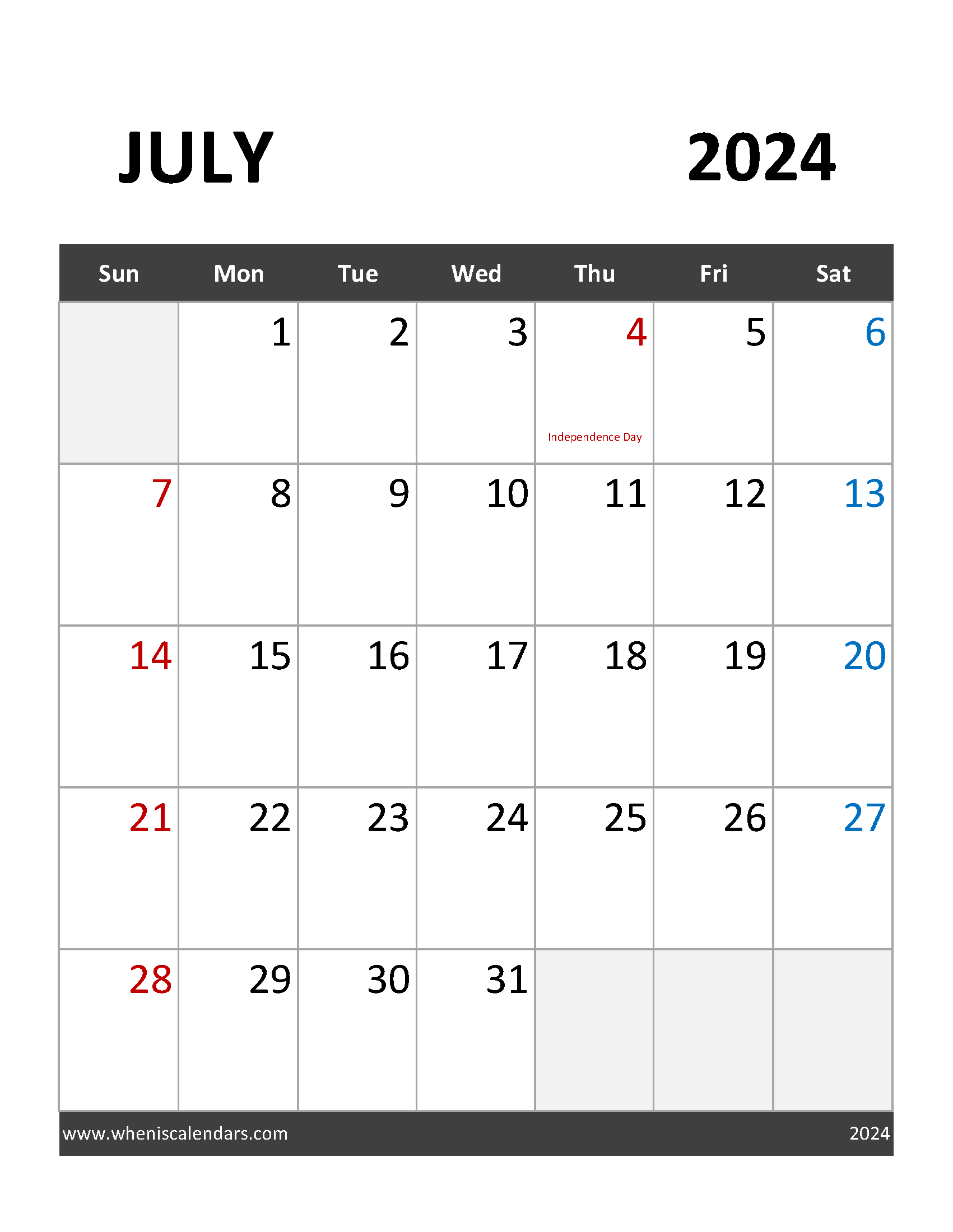 Printable Calendar Template July 2024 Monthly Calendar