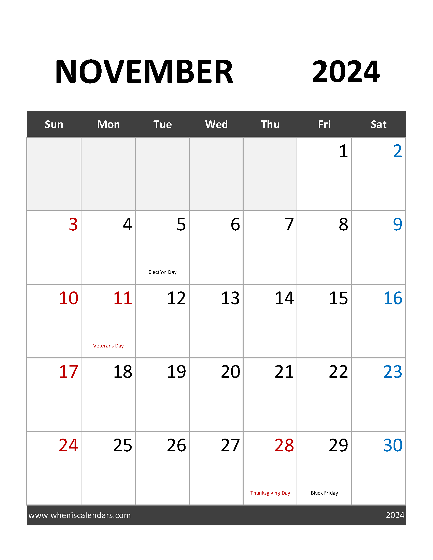 Printable Calendar Template November 2024 Monthly Calendar