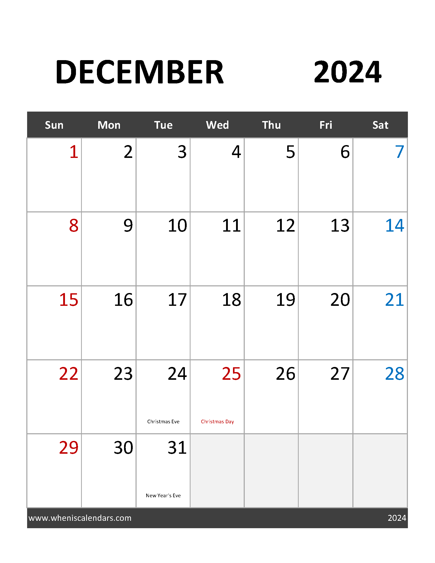 Printable Calendar Template December 2024 Monthly Calendar