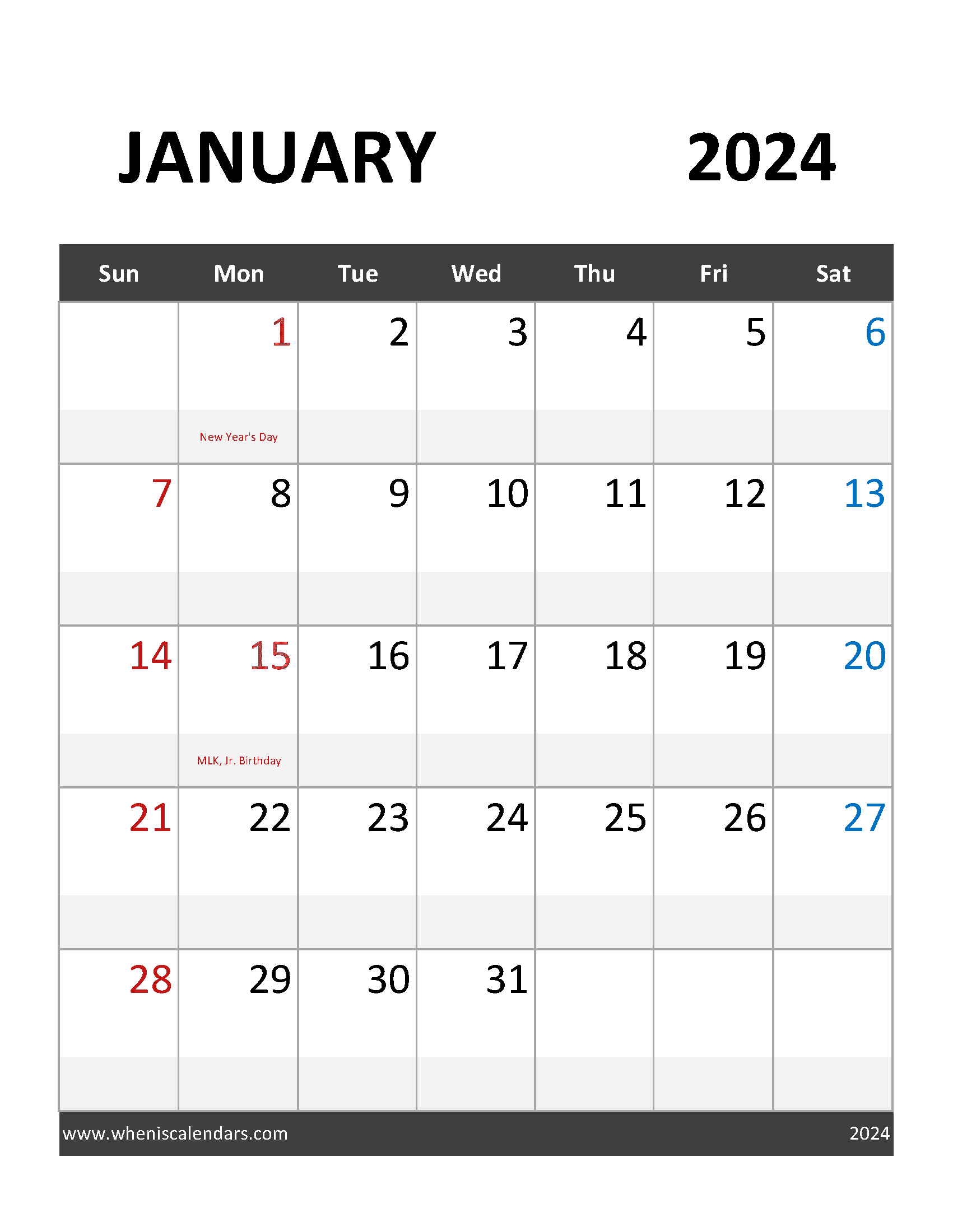 large Printable January 2024 Calendar Monthly Calendar
