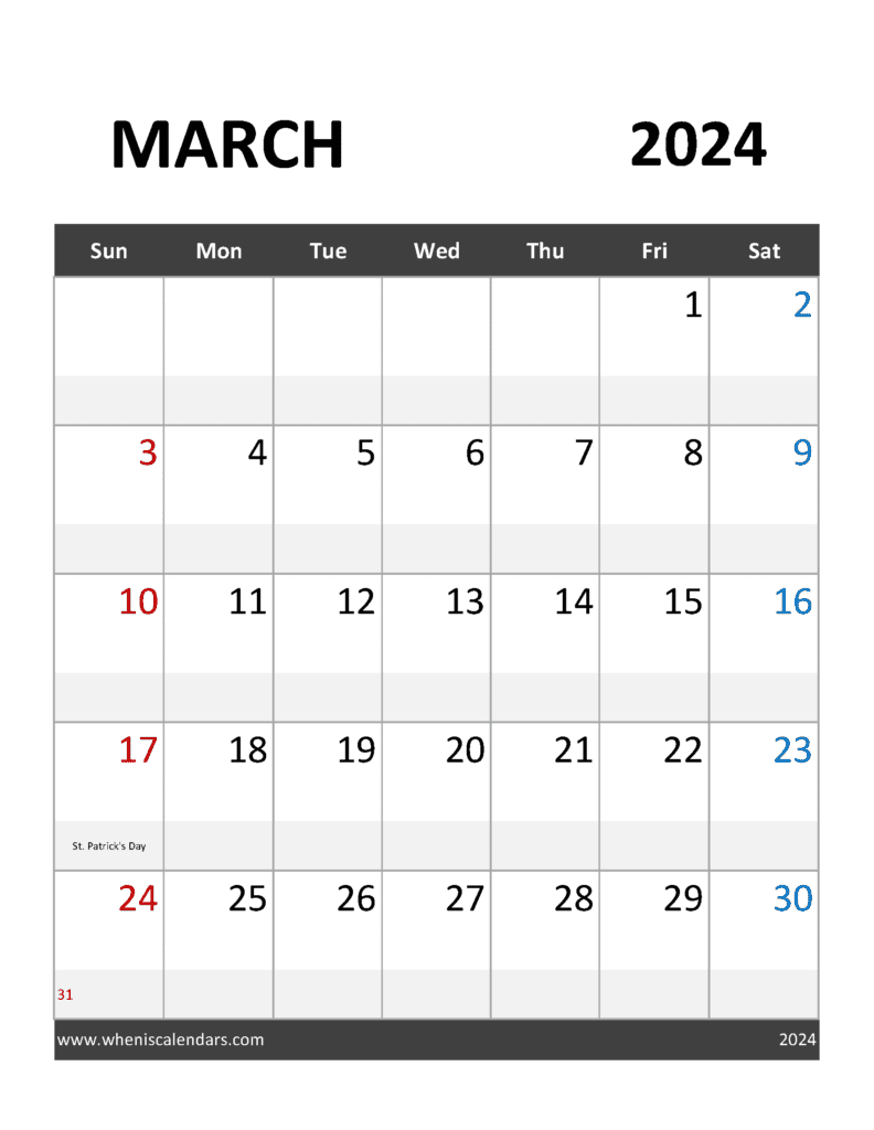 Download large Printable March 2024 Calendar Letter Vertical M34373
