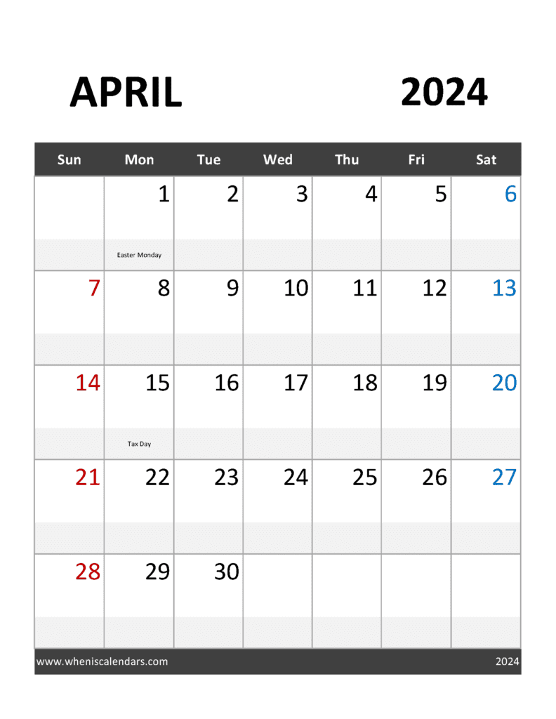 Download free April Calendar 2024 with Holidays printable A4 in Vertical Portrait