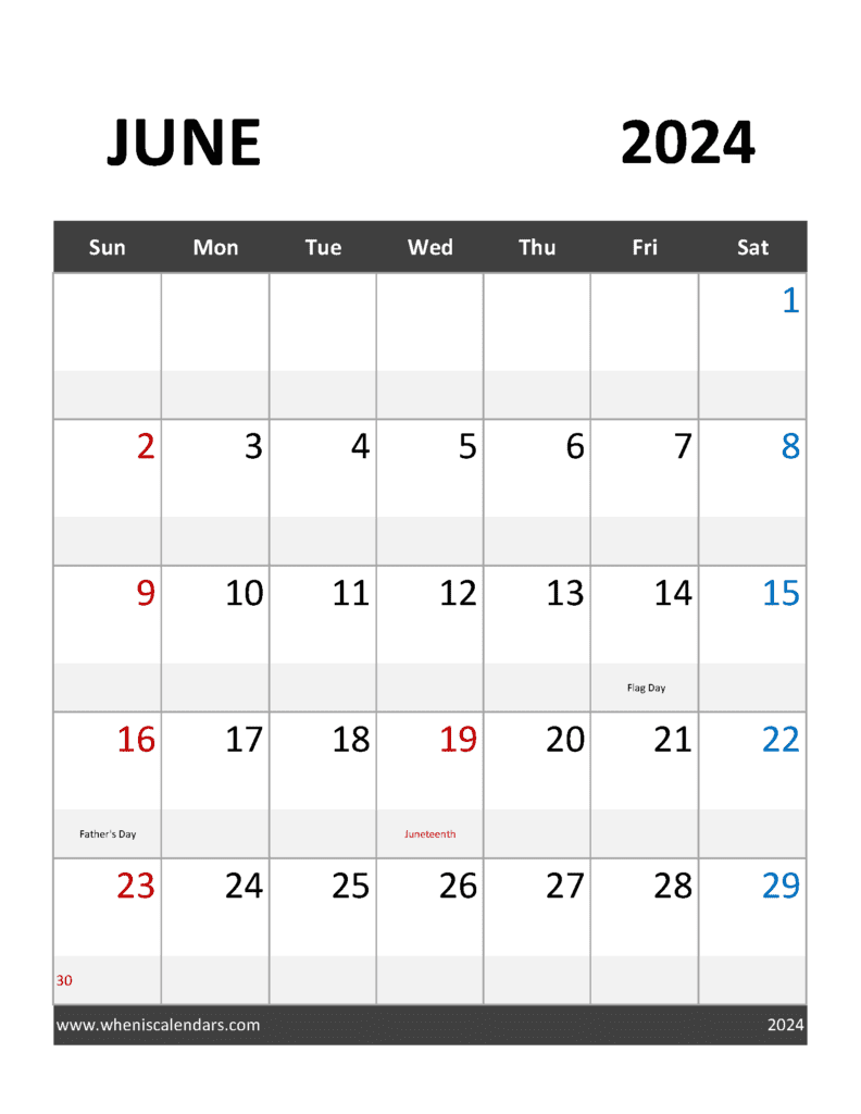 Download free June Calendar 2024 with Holidays printable A4 in Vertical Portrait
