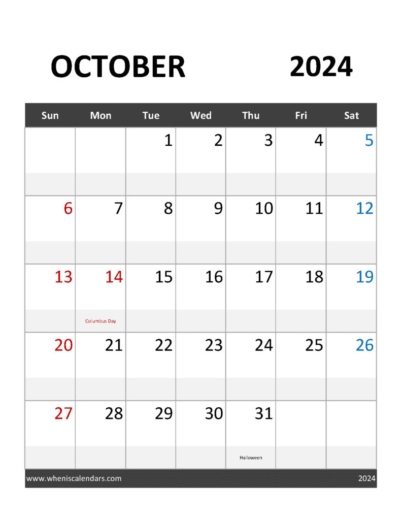 Download free October Calendar 2024 with Holidays printable A4 in Vertical Portrait