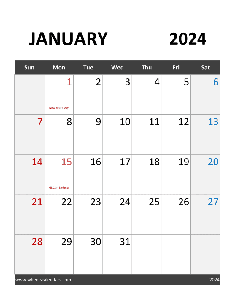 editable January 2024 Calendar Template Monthly Calendar