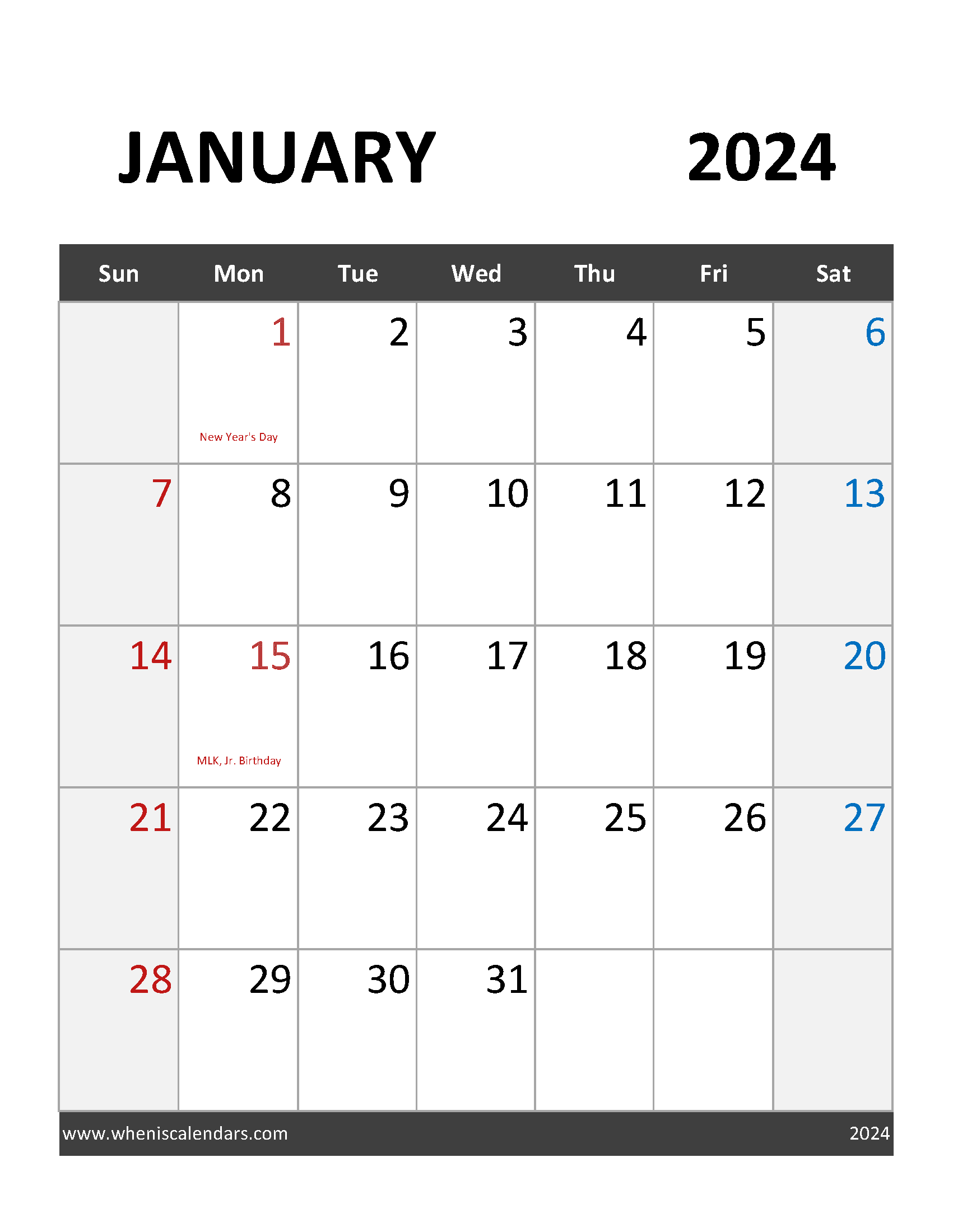 editable January 2024 Calendar Template Monthly Calendar