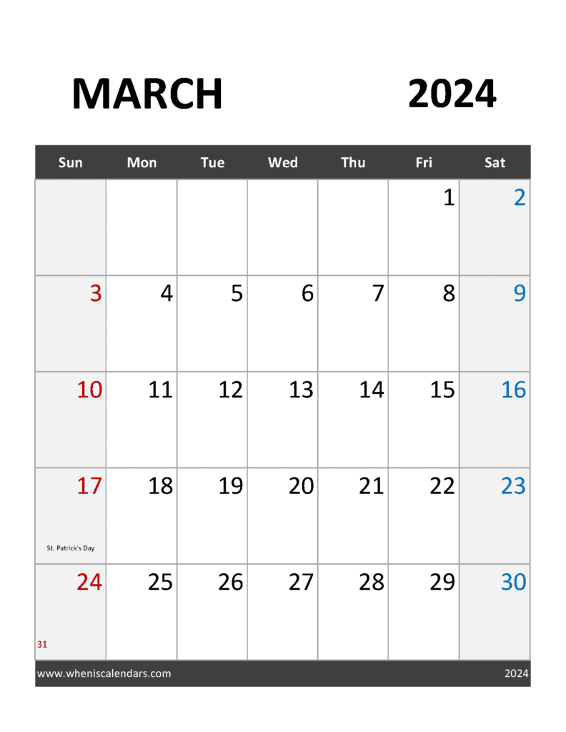Download editable March 2024 Calendar Template Letter Vertical M34374