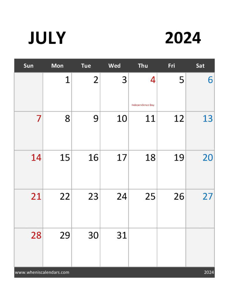 Download editable July 2024 Calendar Template Letter Vertical J74374