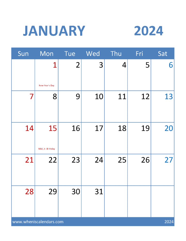 Download January Holidays Calendar 2024 Letter Vertical J4376