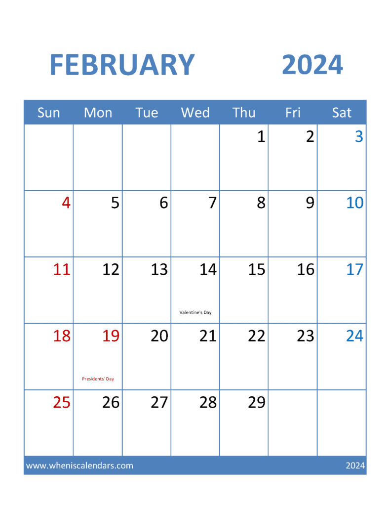 Download February Holidays Calendar 2024 Letter Vertical F4376