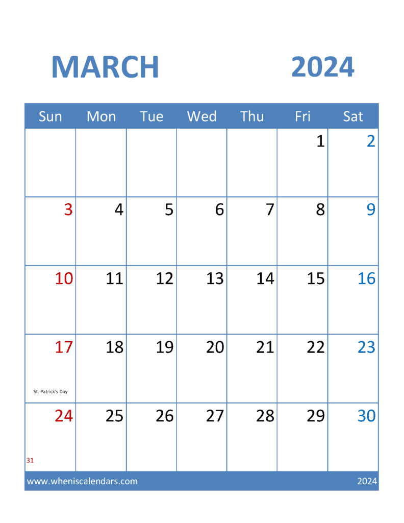 Download March Holidays Calendar 2024 Letter Vertical M34376