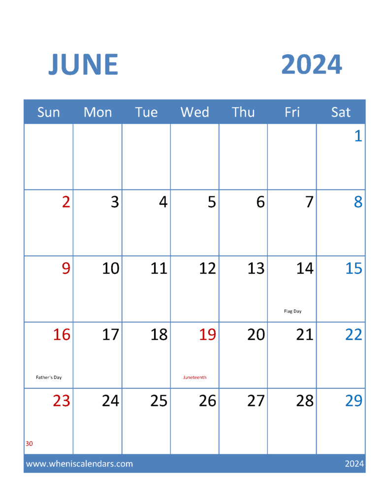 Download June Holidays Calendar 2024 Letter Vertical J64376